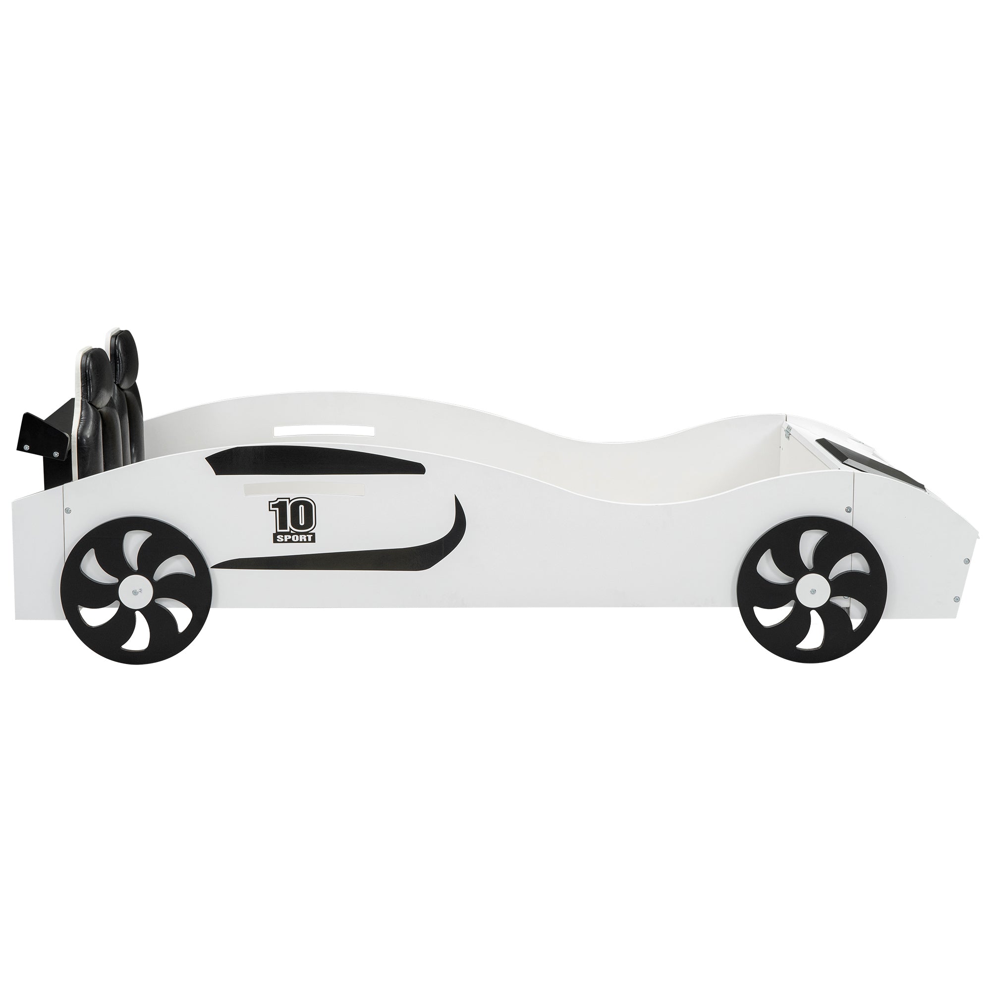 Twin Size Race Car-Shaped Platform Bed with Upholstered Backrest and Storage, White - Atlantic Fine Furniture Melbourne FL