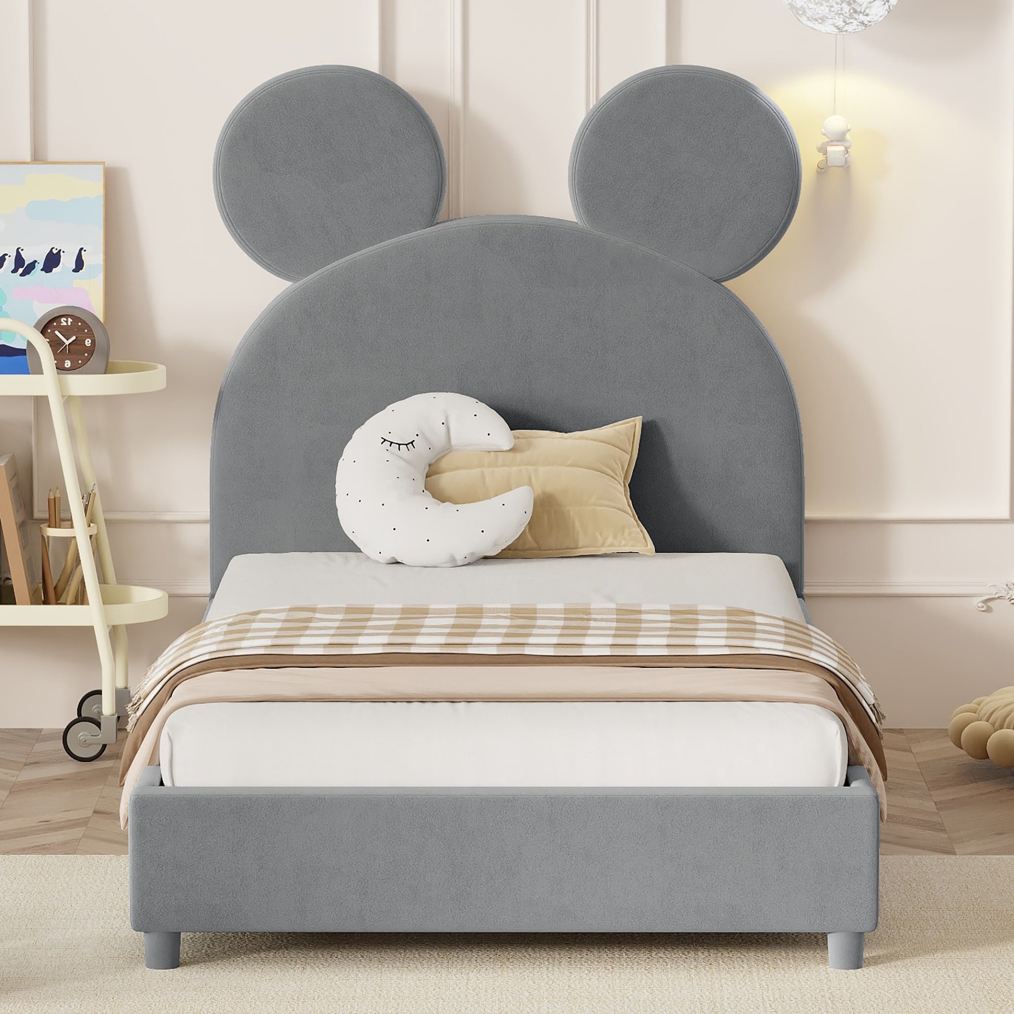 Twin Size Upholstered Platform Bed with Bear Ear Shaped Headboard, Gray - Atlantic Fine Furniture Melbourne FL