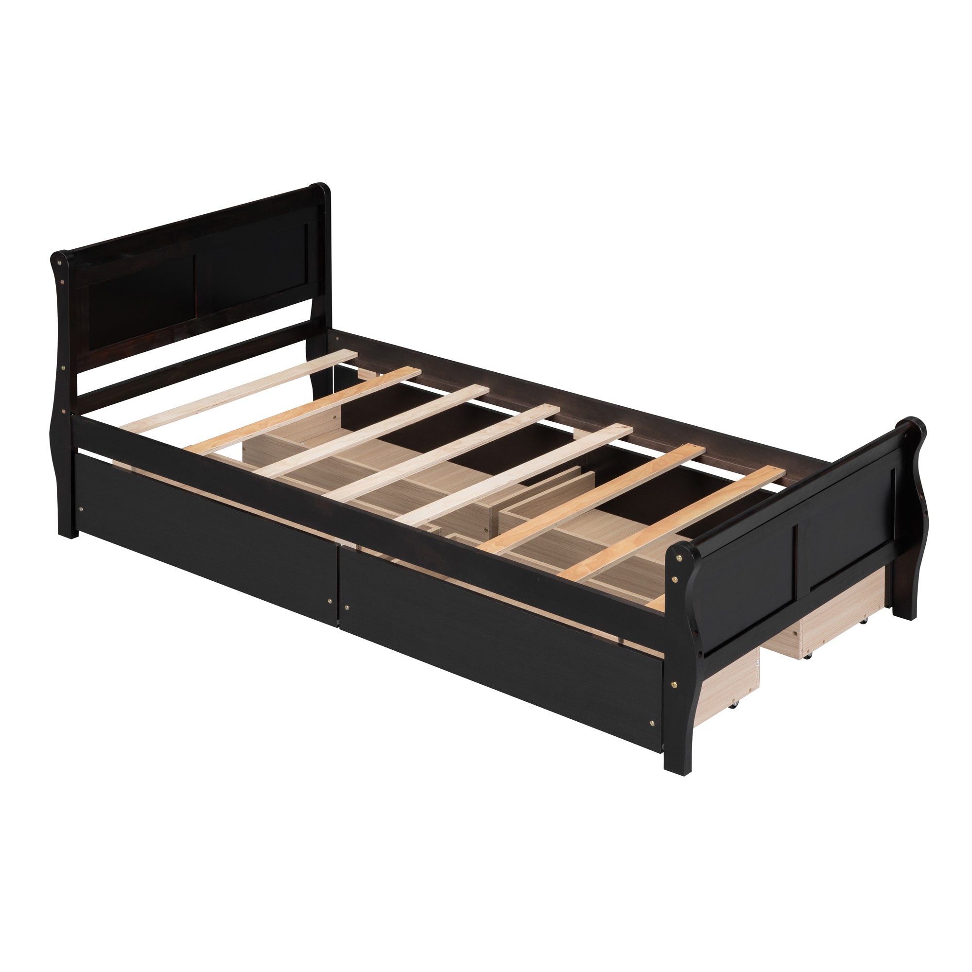 Twin Size Wood Platform Bed with 4 Drawers and Streamlined Headboard & Footboard, Espresso - Atlantic Fine Furniture Melbourne FL