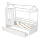 Twin Size House Bed Wood Bed with Two Drawers ( White )