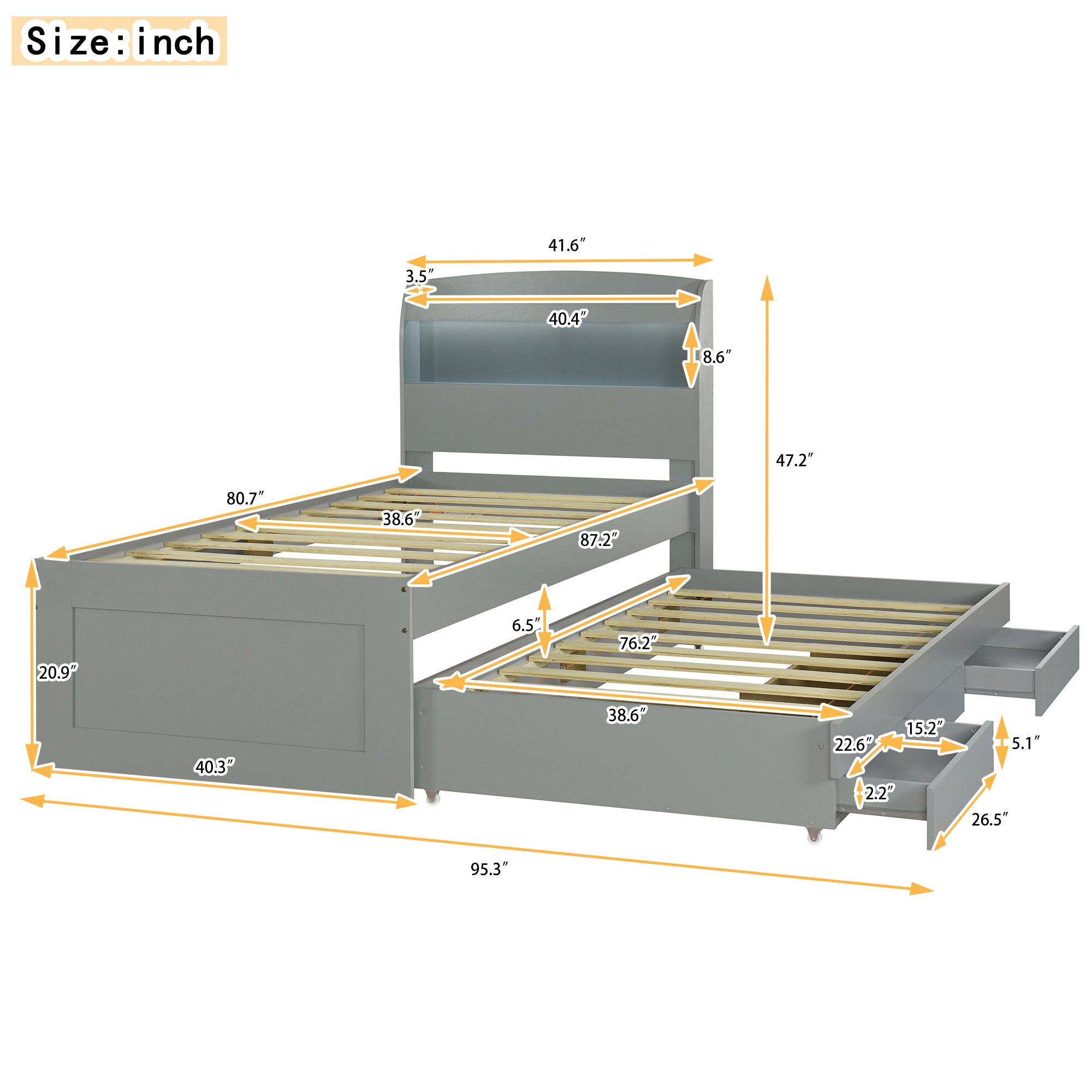 Twin XL Size Platform Bed with Storage LED Headboard, Charging Station, Twin Size Trundle and 2 Drawers, Gray - Atlantic Fine Furniture Melbourne FL
