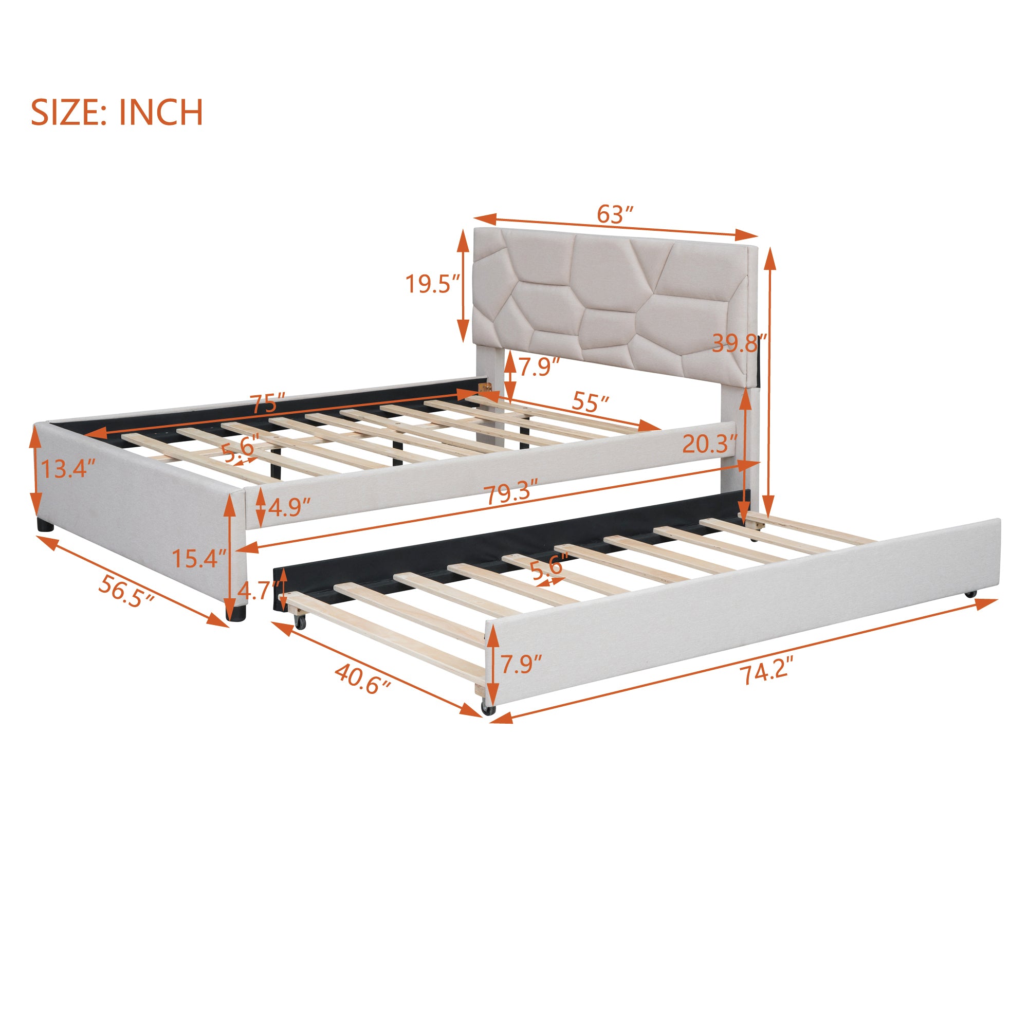 Full Size Upholstered Platform Bed with Brick Pattern Headboard and Twin Size Trundle, Linen Fabric, Beige - Atlantic Fine Furniture Melbourne FL
