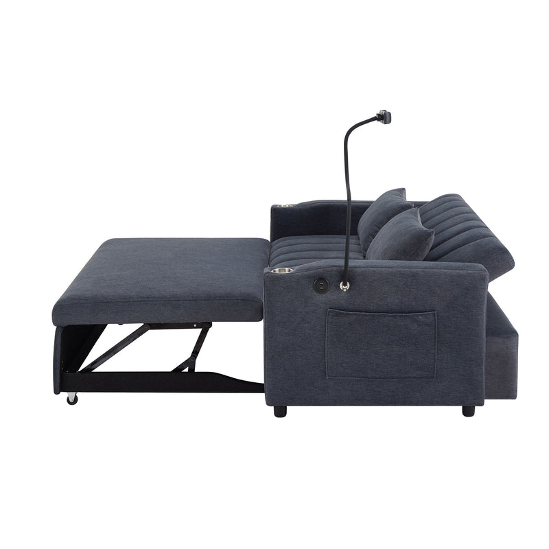 Convertible Sofa Bed Loveseat Sofa With Three USB Ports, Two Side Pockets, Two Cup Holders And 360° swivel Phone Holder For Living Room