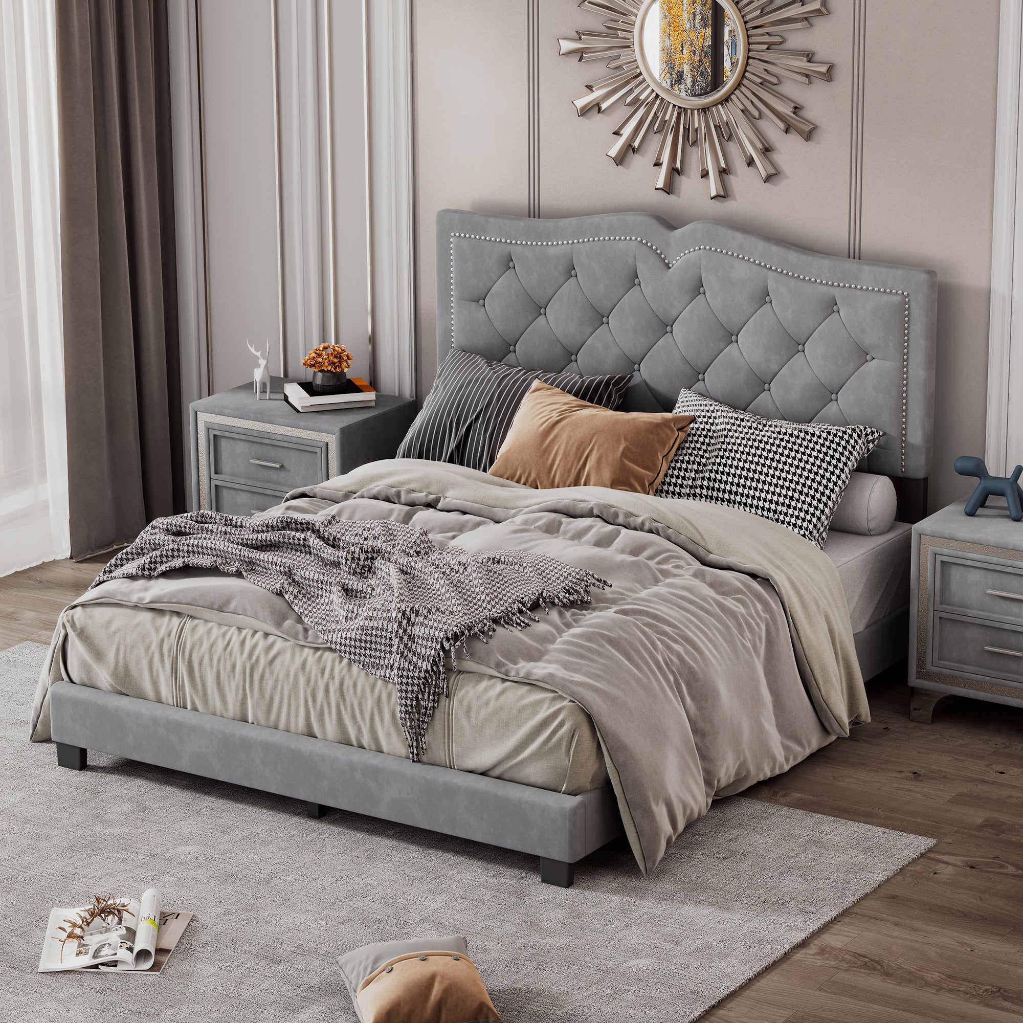 Queen Size Upholstered Bed Frame with Rivet Design, Modern Velvet Platform Bed with Tufted Headboard,Gray - Atlantic Fine Furniture Melbourne FL