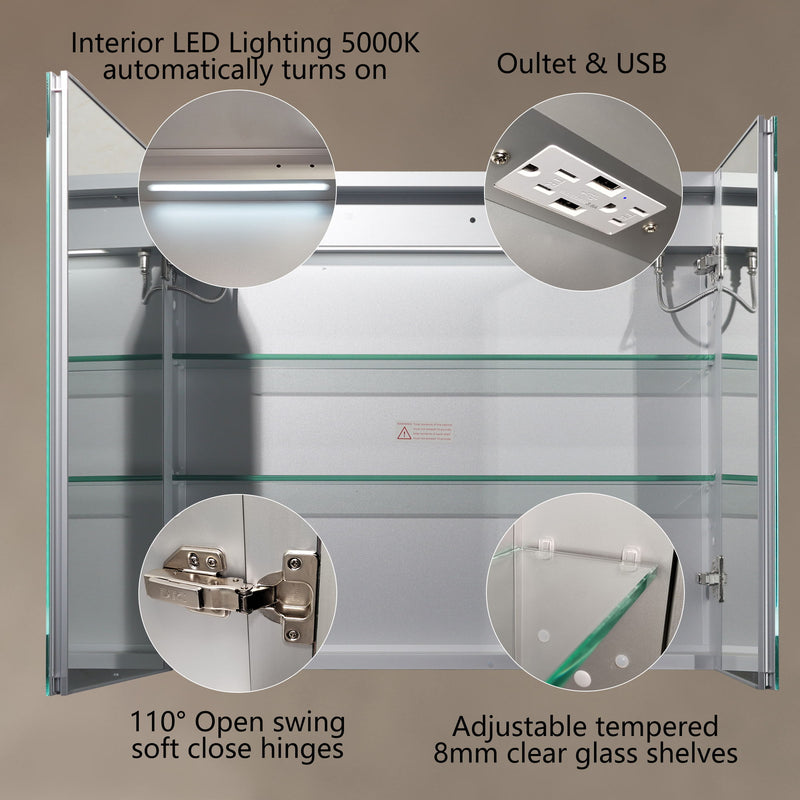 LED Lighted Bathroom Medicine Cabinet With Mirror, Recessed Or Surface LED Medicine Cabinet, Defog, Stepless Dimming, Color Temper Change, Storage Shelves