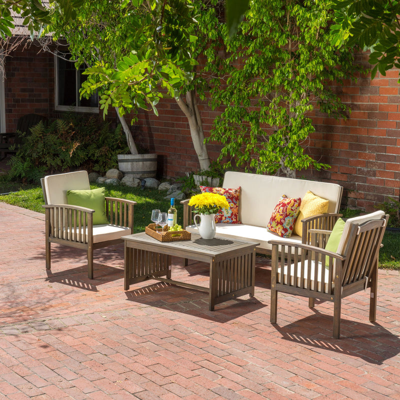 4 Piece Outdoor Chat Set With Water Resistant Cushion And Wood Frame - Cream / Gray