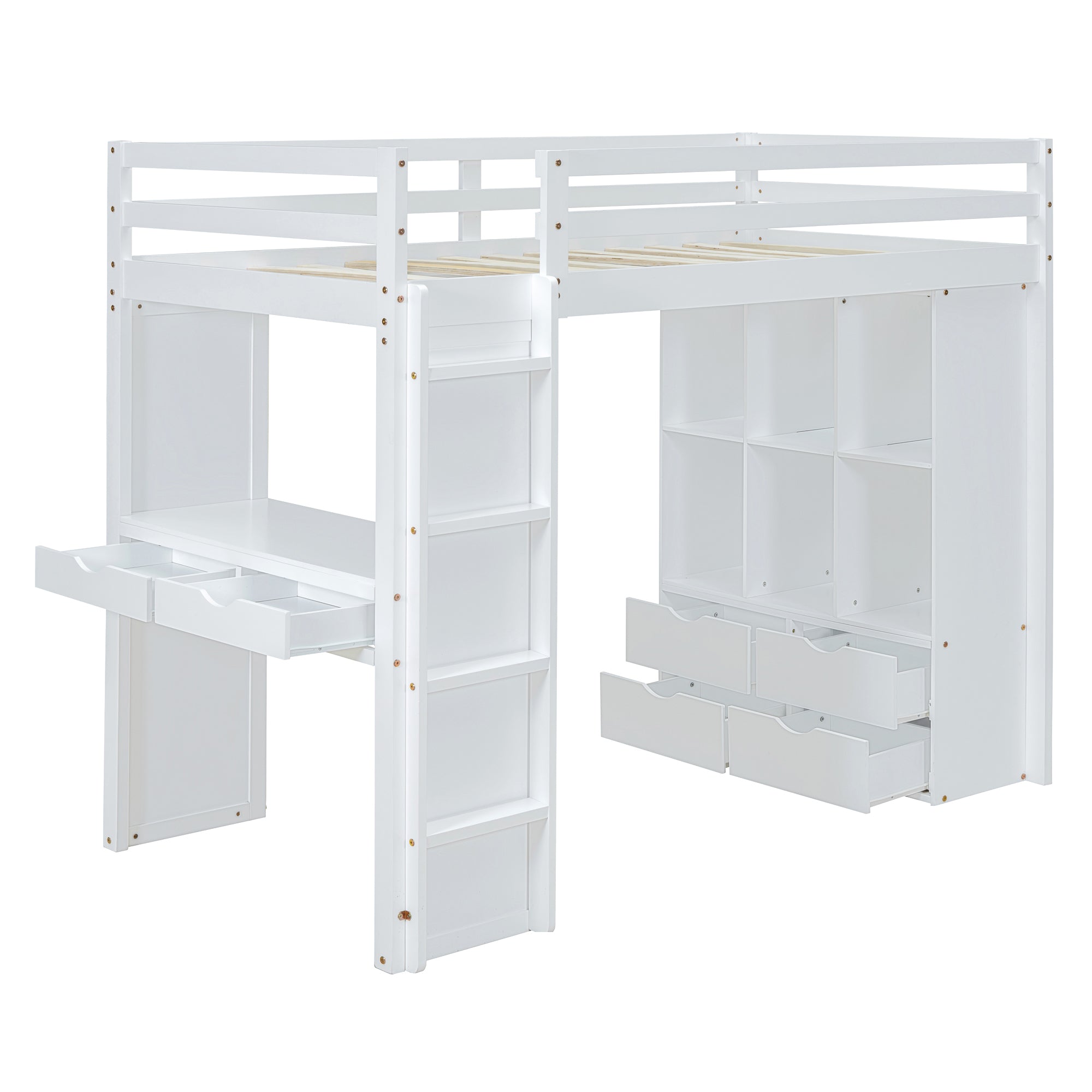 Full Size Loft Bed with large shelves, writing desk and LED Light, White - Atlantic Fine Furniture Melbourne FL