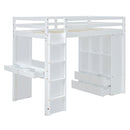 Full Size Loft Bed with large shelves, writing desk and LED Light, White