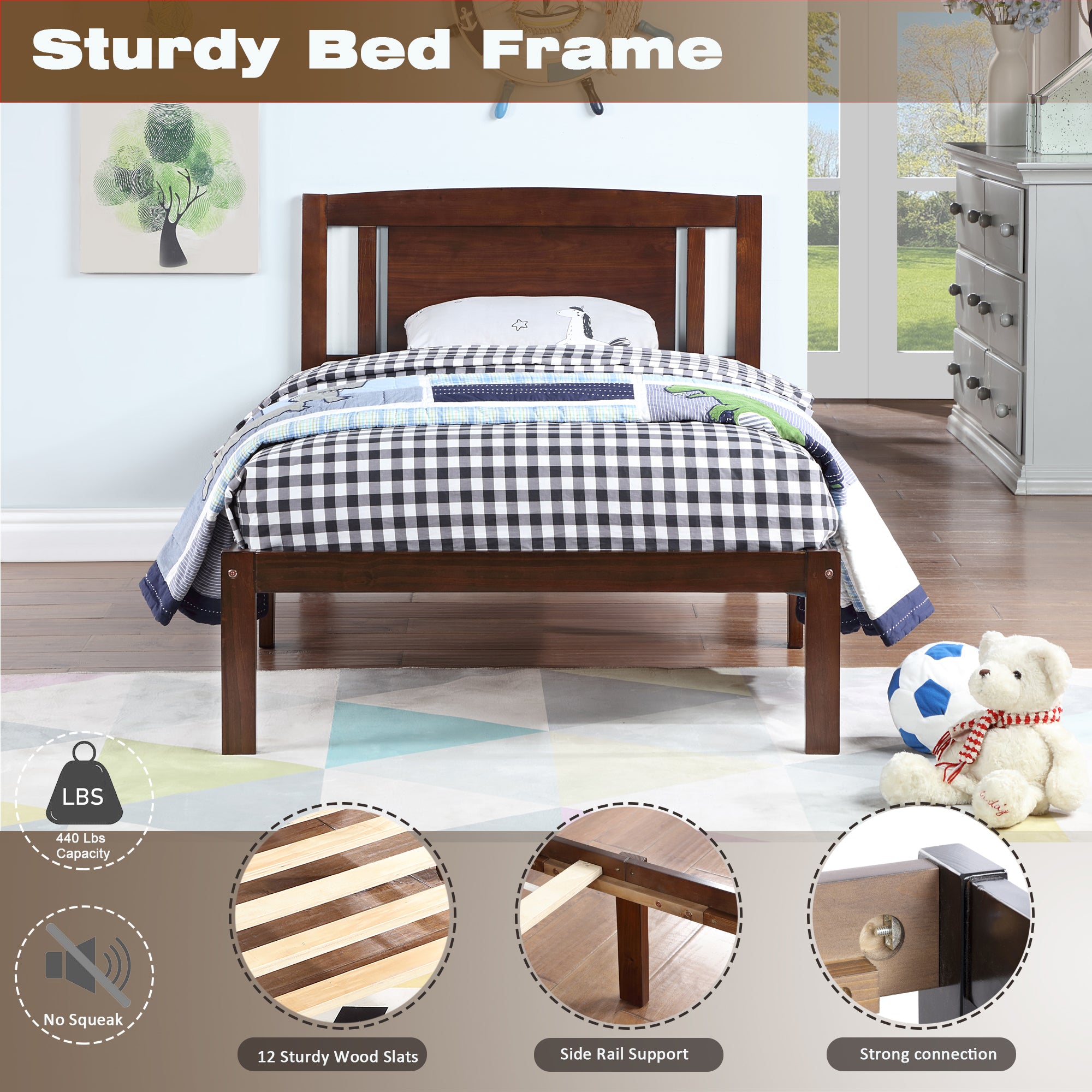 Twin Size Bed, Wood Platform Bed Frame with Headboard For Kids, Slatted, Dark Walnut - Atlantic Fine Furniture Melbourne FL