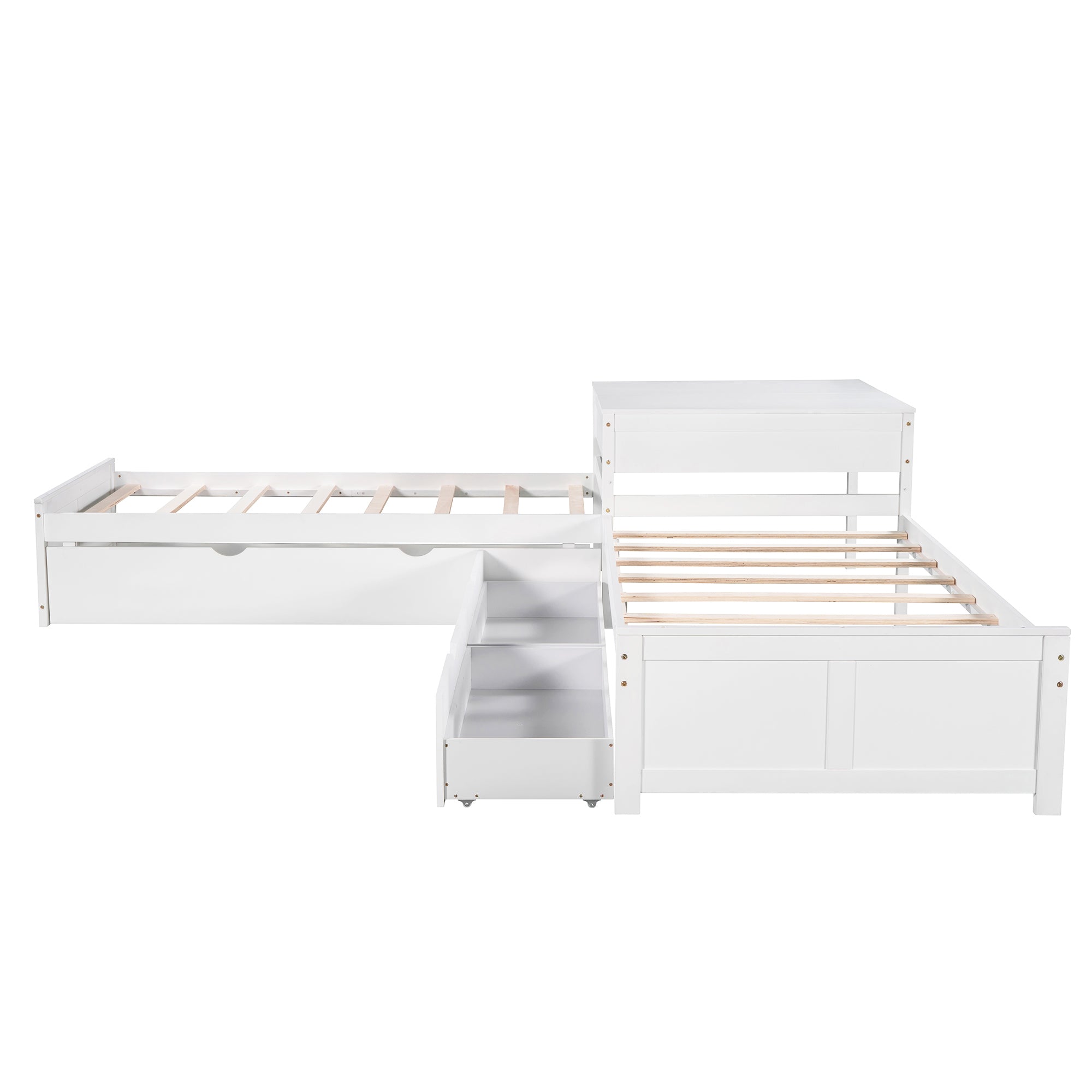 L-shaped Platform Bed with Trundle and Drawers Linked with built-in Desk,Twin,White - Atlantic Fine Furniture Melbourne FL