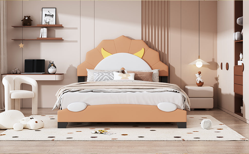 Full Size Upholstered Leather Platform Bed with Lion-Shaped Headboard, Brown - Atlantic Fine Furniture Melbourne FL