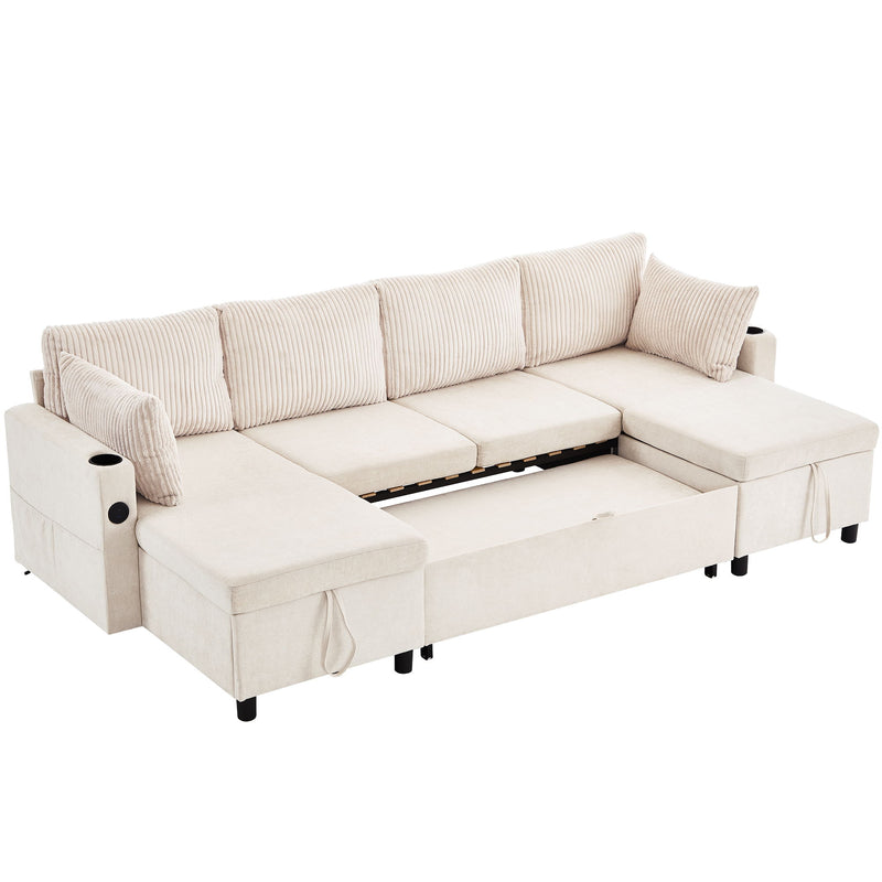 Sectional Sofa Bed With Pull Out Sleeper, USB Ports, Cup Holders