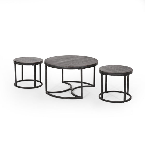 Icebergs - 3 Piece Coffee Table Set With Wood Top And Iron Base - Black / Gray
