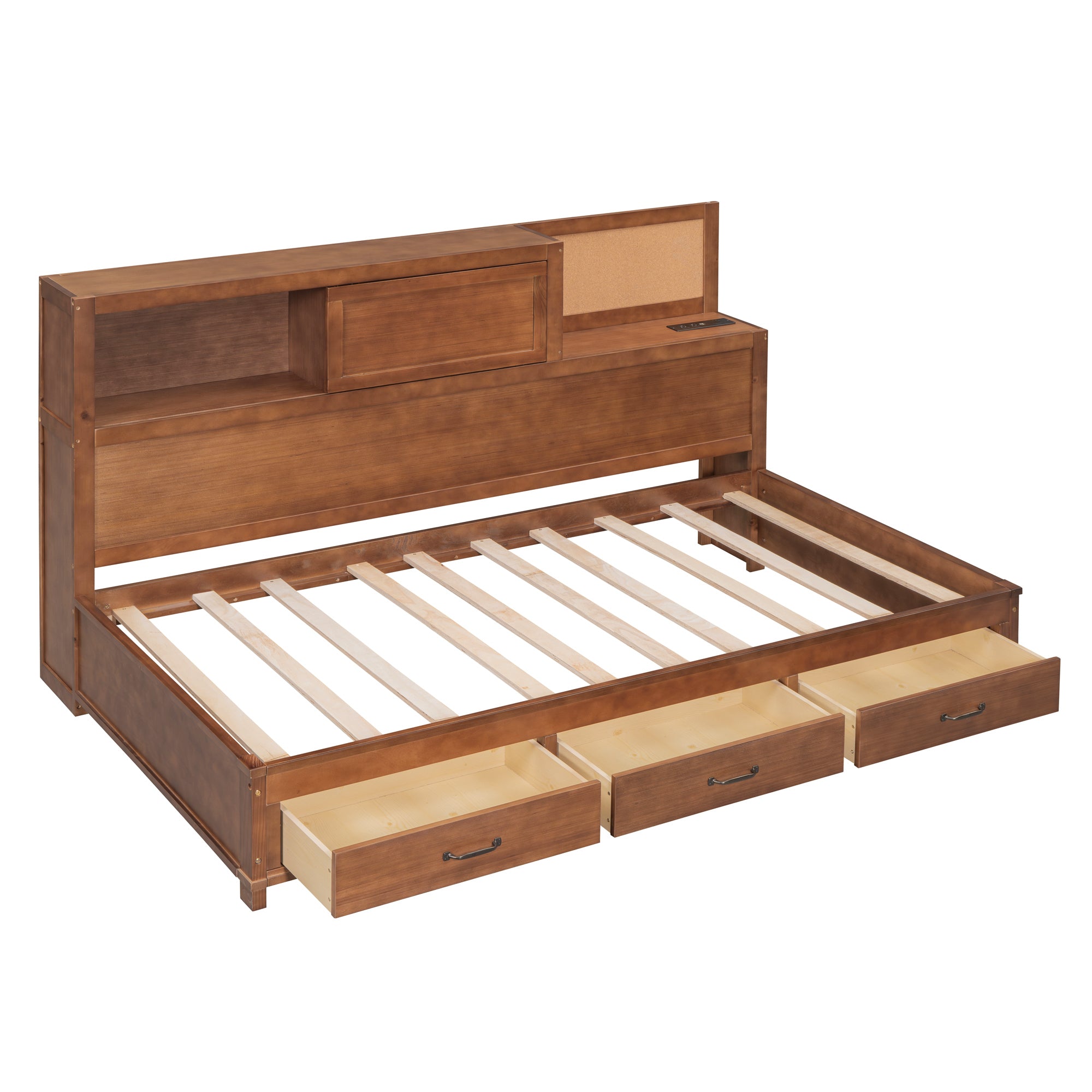 Twin Size Wooden Daybed with 3 Storage Drawers, Upper Soft Board, shelf, and a set of Sockets and USB Ports, Brown - Atlantic Fine Furniture Melbourne FL