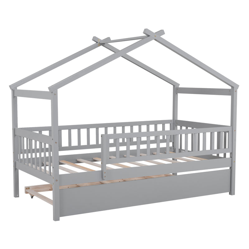 Twin Size Wooden House Bed with Twin Size Trundle, Gray