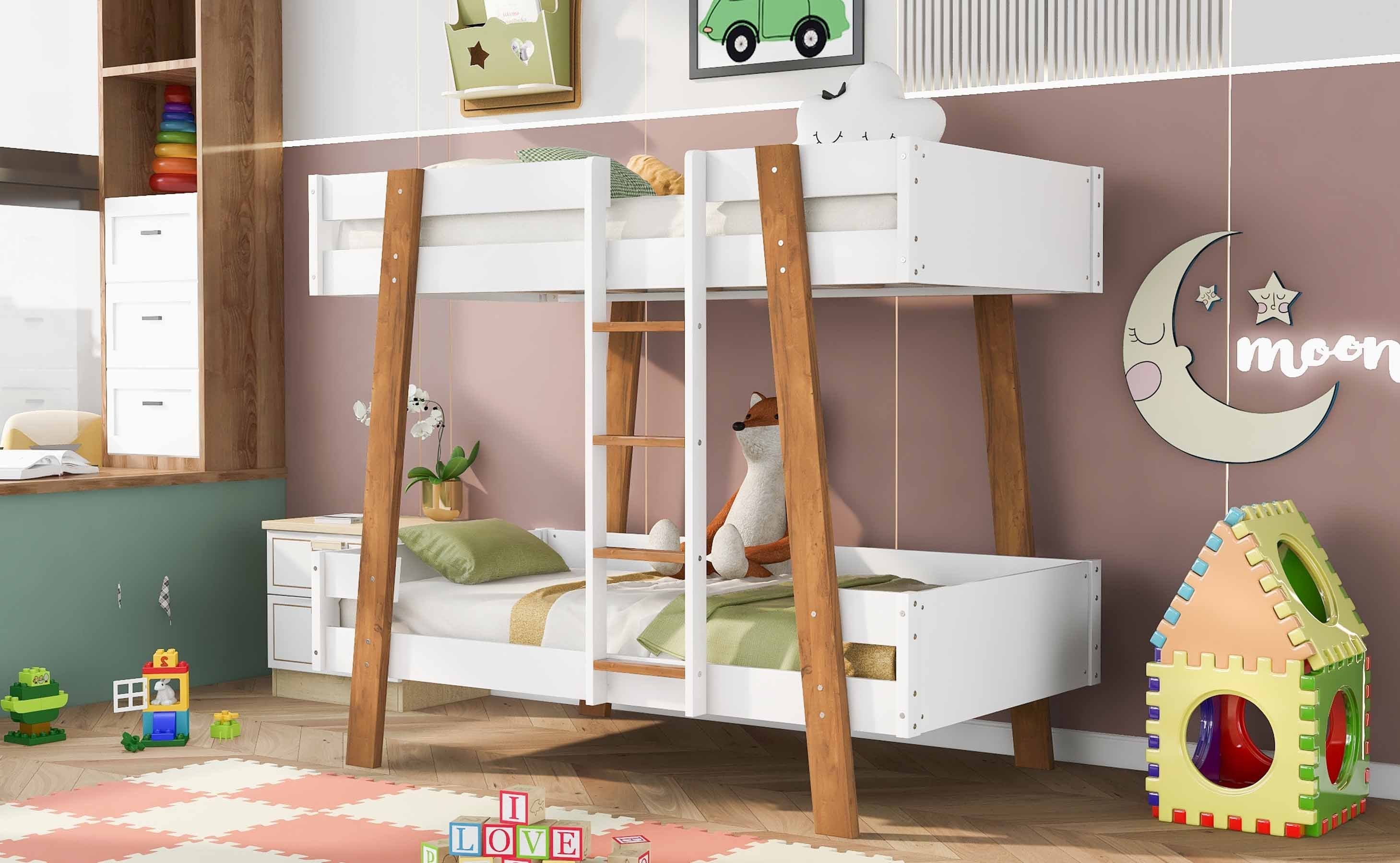Wood Twin Size Bunk Bed with Built-in Ladder and 4 Wood Color Columns, White - Atlantic Fine Furniture Melbourne FL
