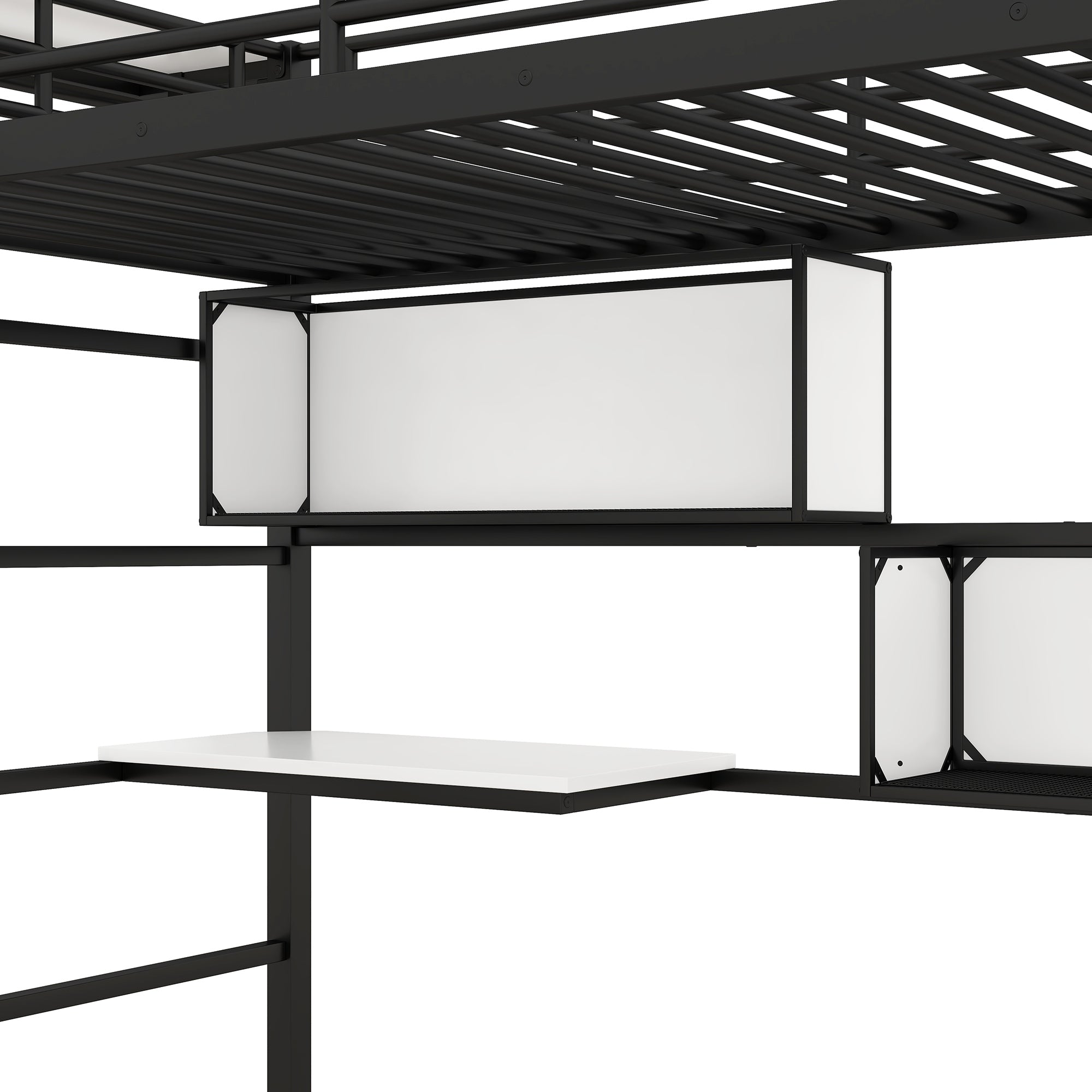 Twin Size Metal Loft Bed with 2 Shelves, a desk and a Hanging Clothes Rack, Black and White - Atlantic Fine Furniture Melbourne FL
