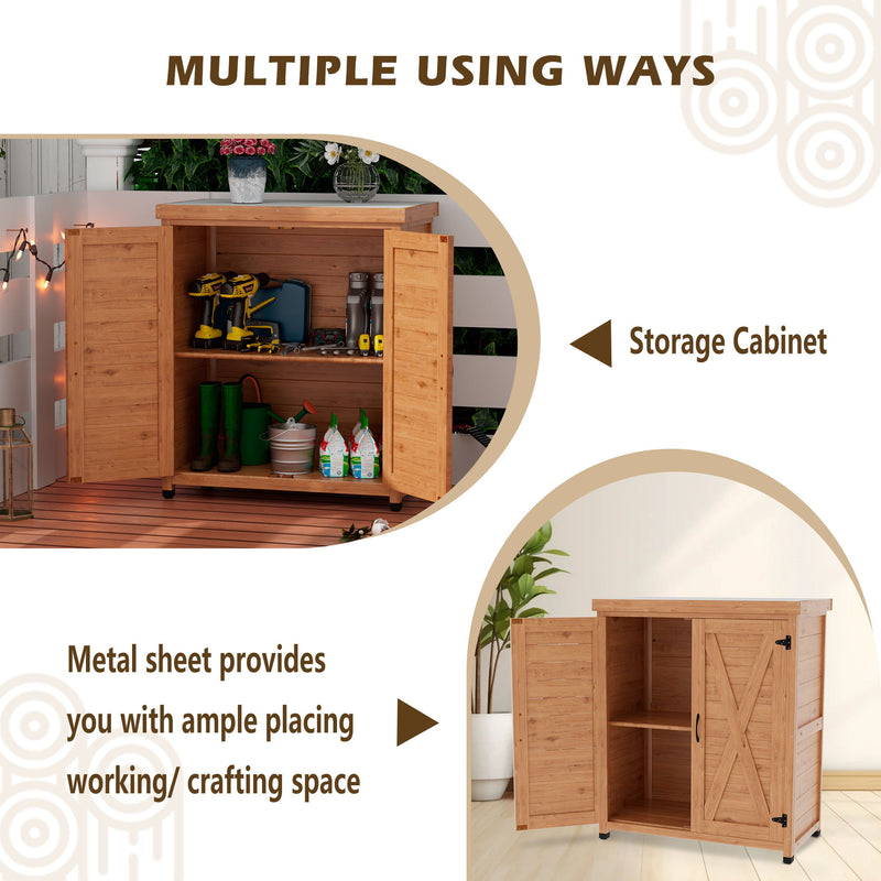 Rustic Cedar Potting Bench With Storage Cabinet And Metal Table Top For Outdoor Patio - Light Brown