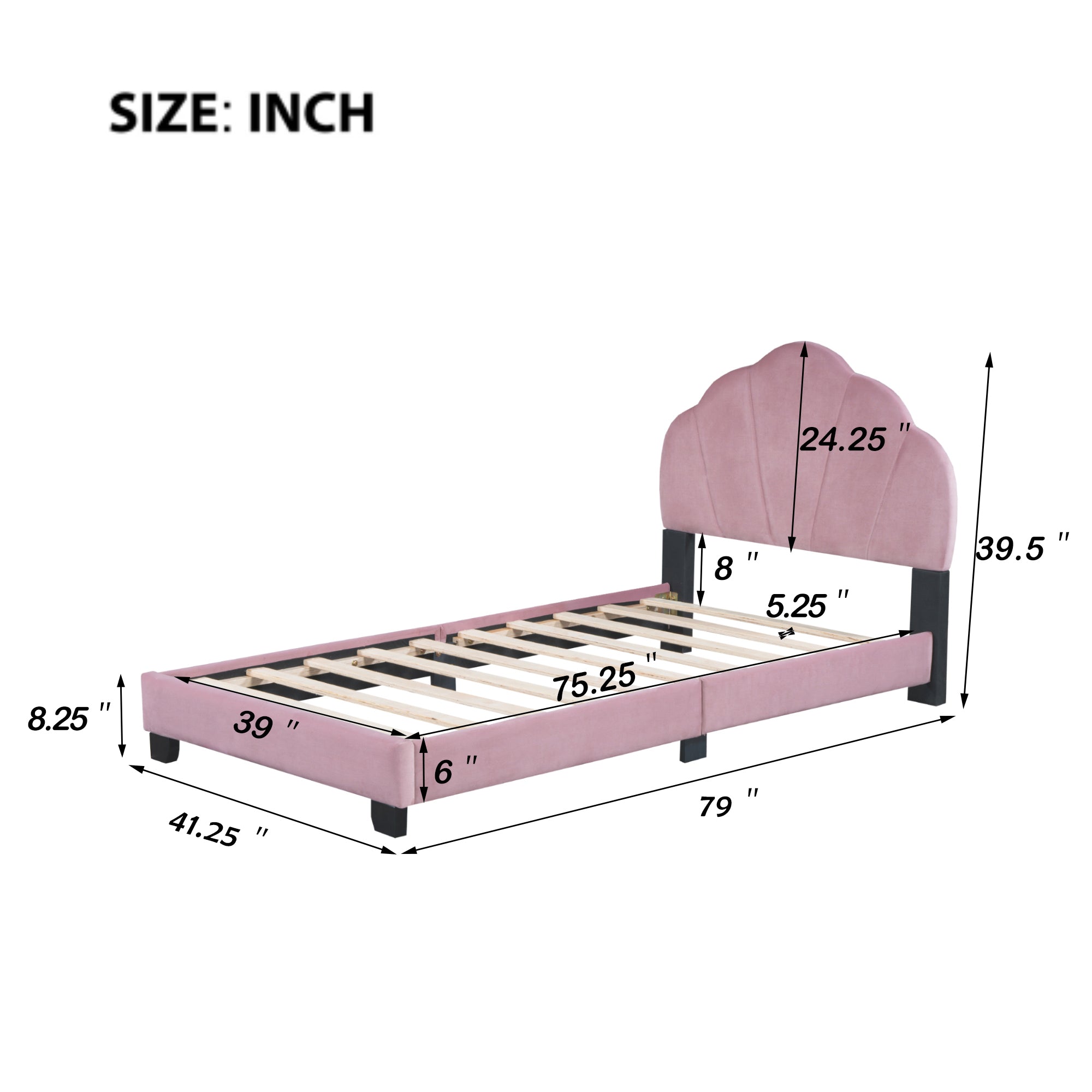 Twin Size Upholstered Velvet Platform Bed with Shell-Shaped Headboard, Pink - Atlantic Fine Furniture Melbourne FL