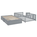 Daybed With Fence Guardrails And 2 Drawers, Split Into Independent Floor Bed & Daybed