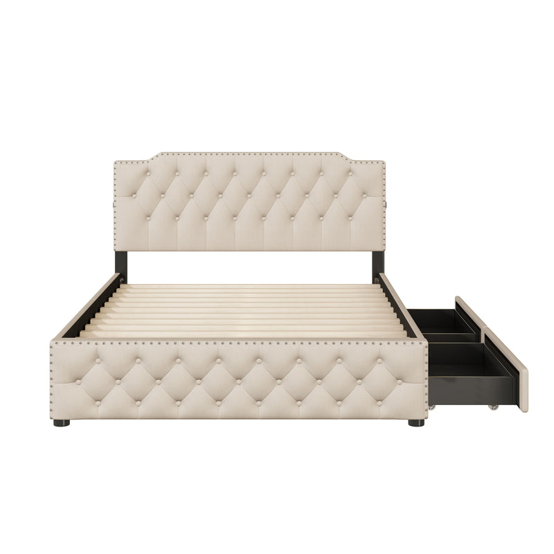 Upholstered Platform Bed With 2 Drawers And 2 Sets Of USB Ports On Each Side, Linen Fabric