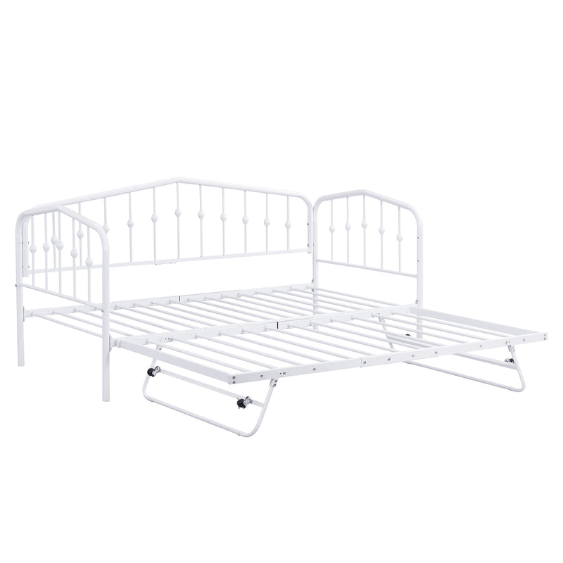 Twin Size Stylish Metal Daybed with Twin Size Adjustable Trundle, Portable Folding Trundle, White