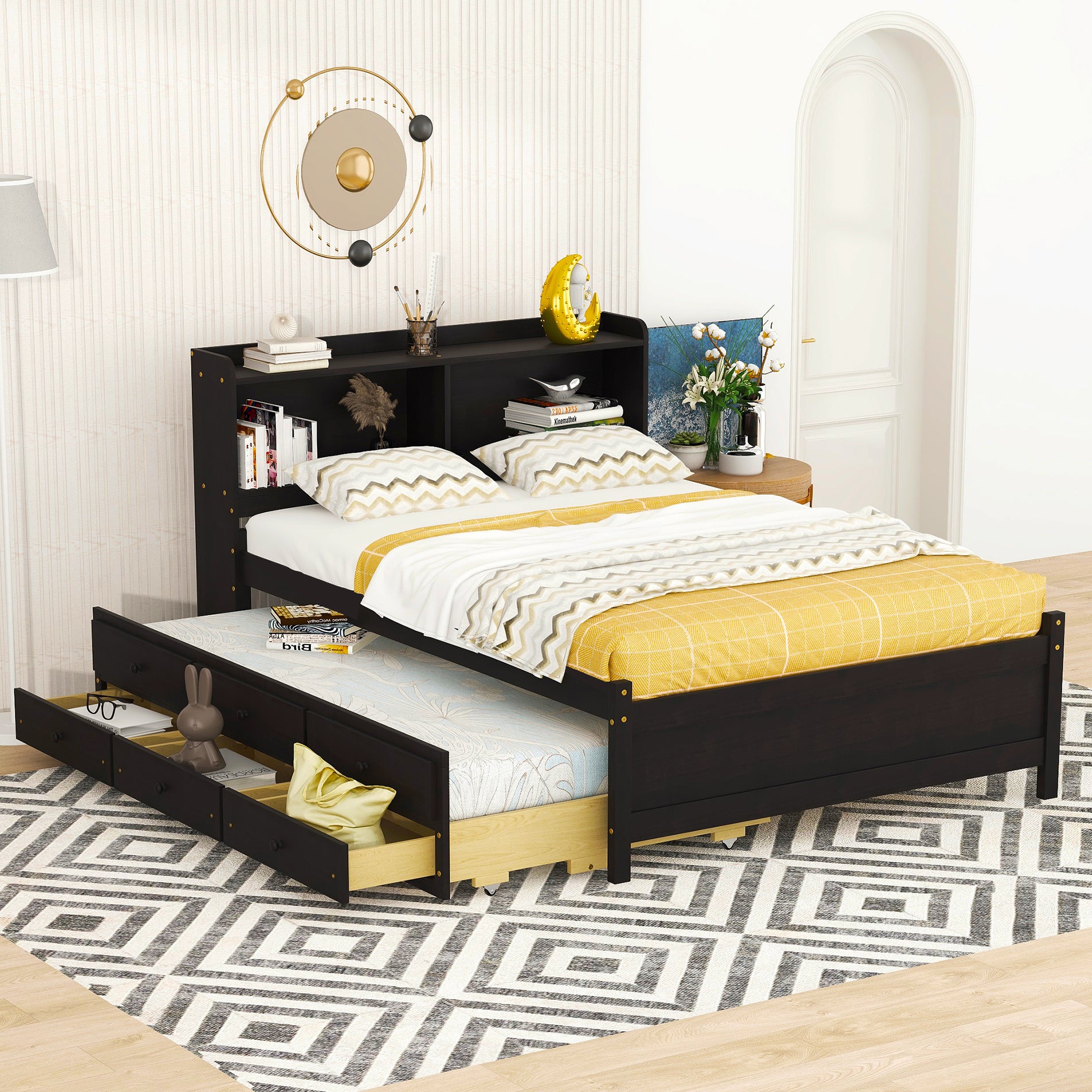 Full Size Bed with USB & Type-C Ports, LED light, Bookcase Headboard, Trundle and 3 Storage Drawers , Full Size Size Bed with  Bookcase Headboard, Trundle and Storage drawers,Espresso - Atlantic Fine Furniture Melbourne FL