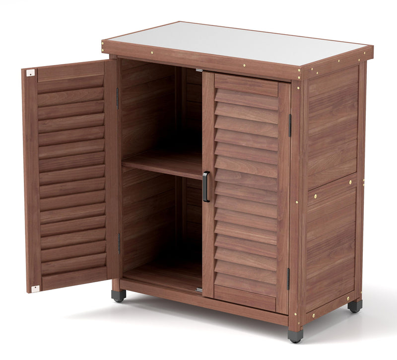 Potting Bench With Storage Cabinet And Metal Table Top For Outdoor