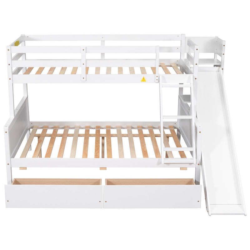 Twin Over Full Bunk Bed With 2 Drawers, Slide, Shelves - White