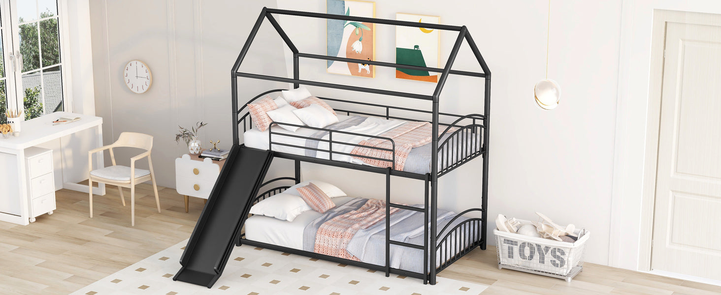 Twin Over Twin Metal Bunk Bed With Slide,Kids House Bed Black - Atlantic Fine Furniture Melbourne FL