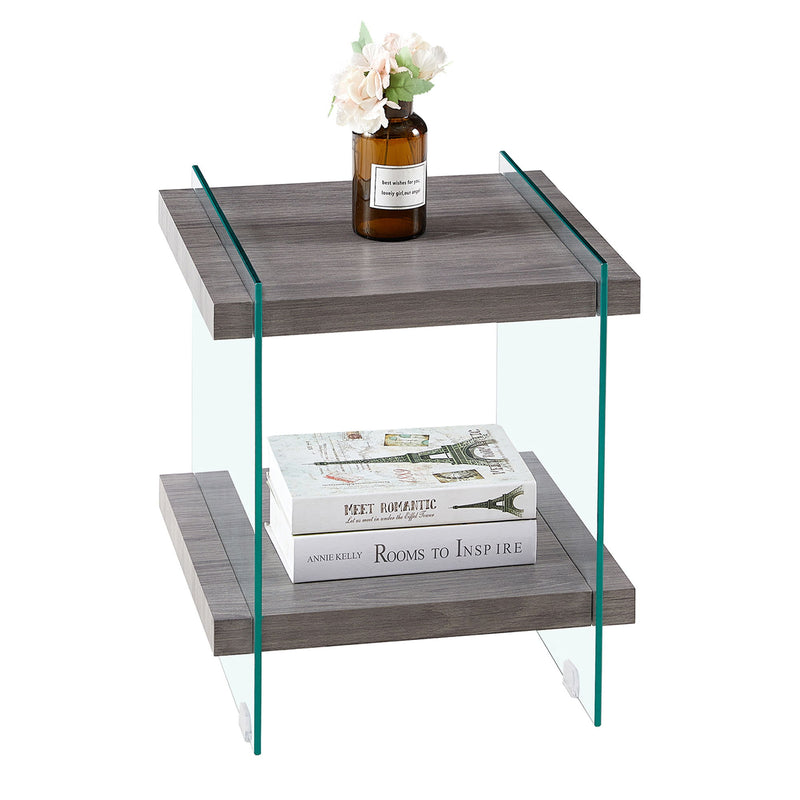 Sleek And Sturdy Tempered Glass Leg Side Table With Dual MDF Shelves, Modern Nightstand End Table For Living Roon, Bedroom - Transparent / Gray