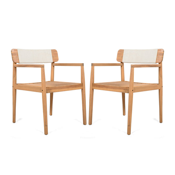 Creative Braided Acacia Wood Outdoor Dining Table And Chairs With Armrests (Set of 2) - Teak / White