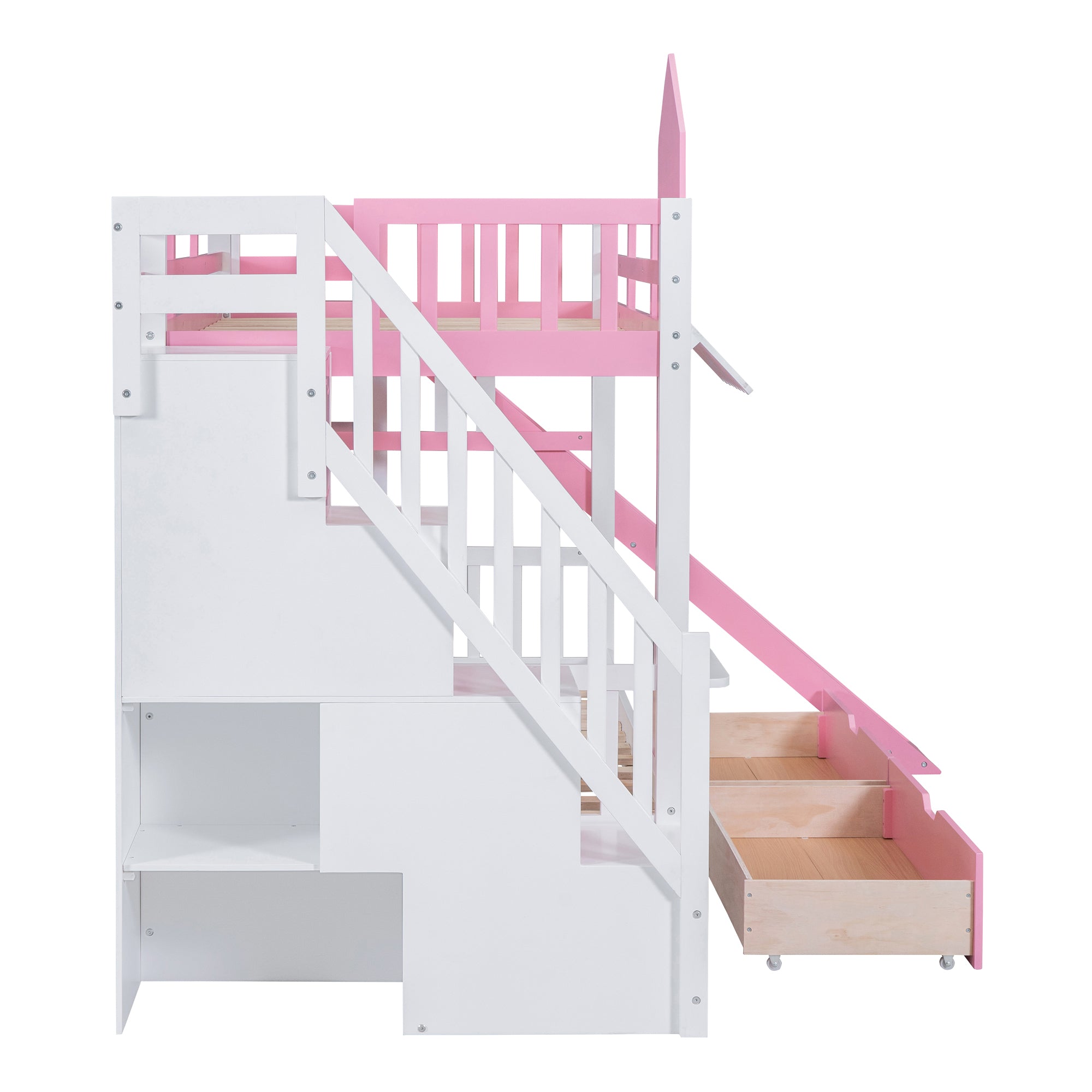 Twin-Over-Twin Castle Style Bunk Bed with 2 Drawers 3 Shelves and Slide - Pink - Atlantic Fine Furniture Melbourne FL