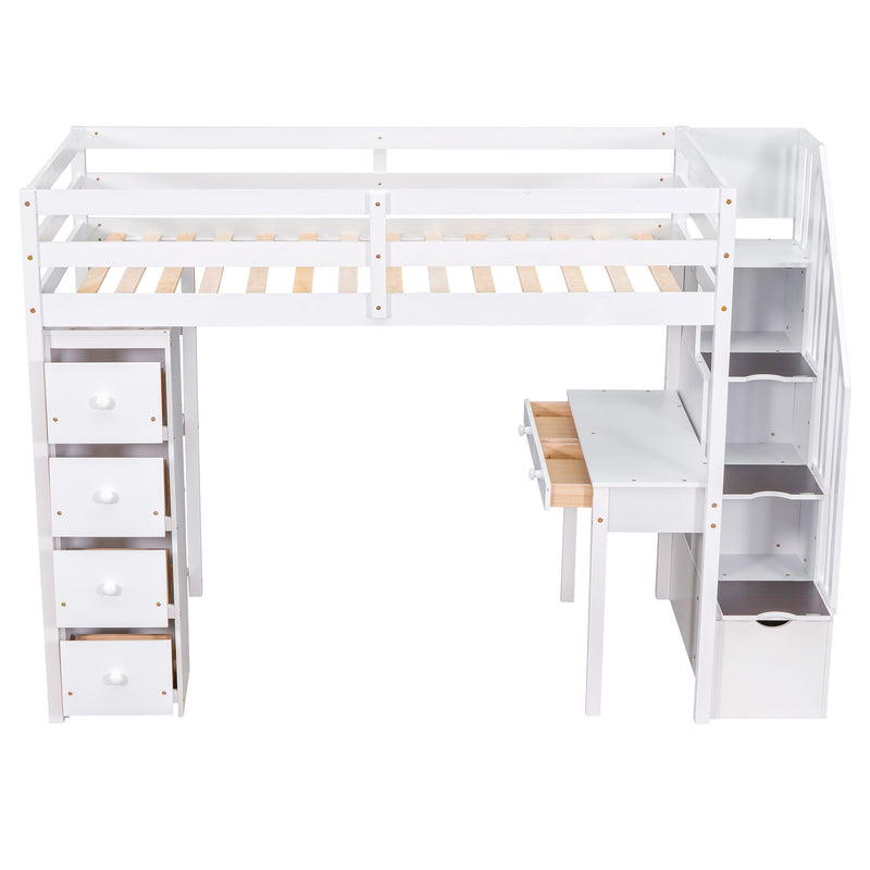 Twin size Loft Bed with Storage Drawers ,Desk and Stairs, Wooden Loft Bed with Shelves - White