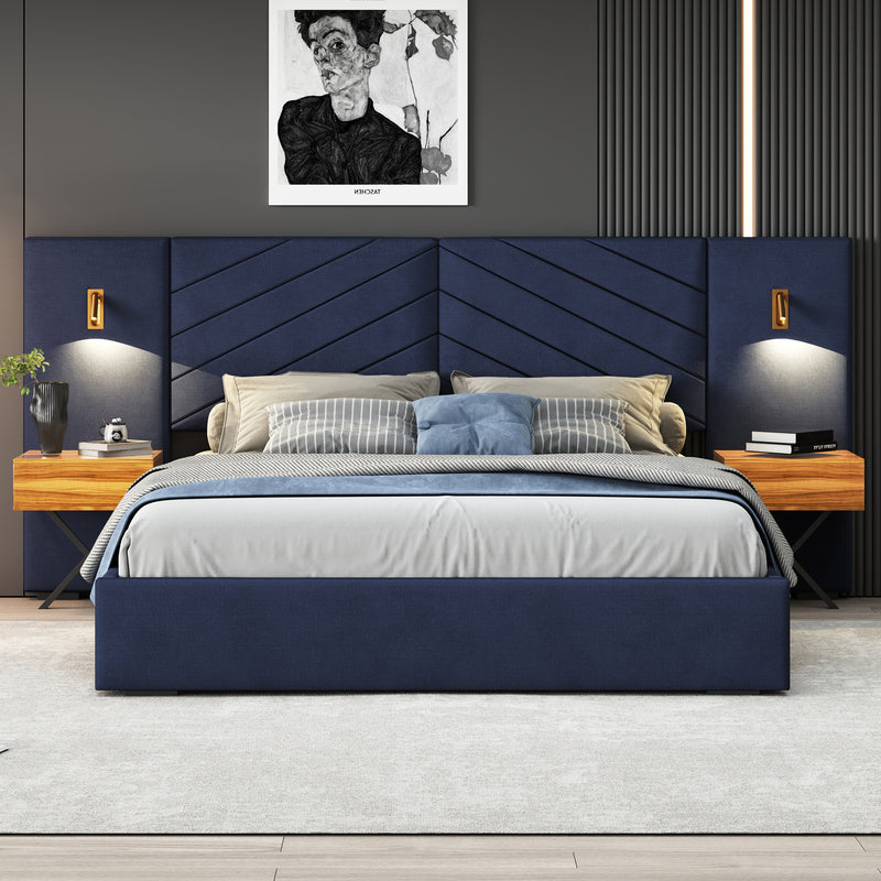Retro Blue King Size Velvet Platform Bed with Vertical Channel Tufted Wingback Headboard and Strong Wooden Slats