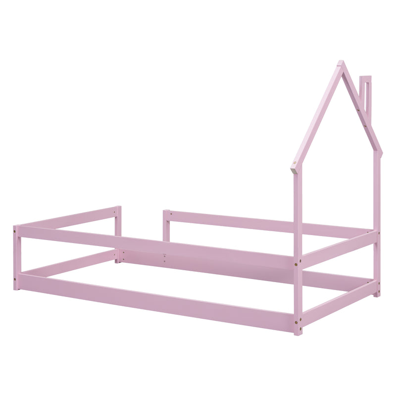 Twin Size Wood bed with House-shaped Headboard Floor bed with Fences,Pink