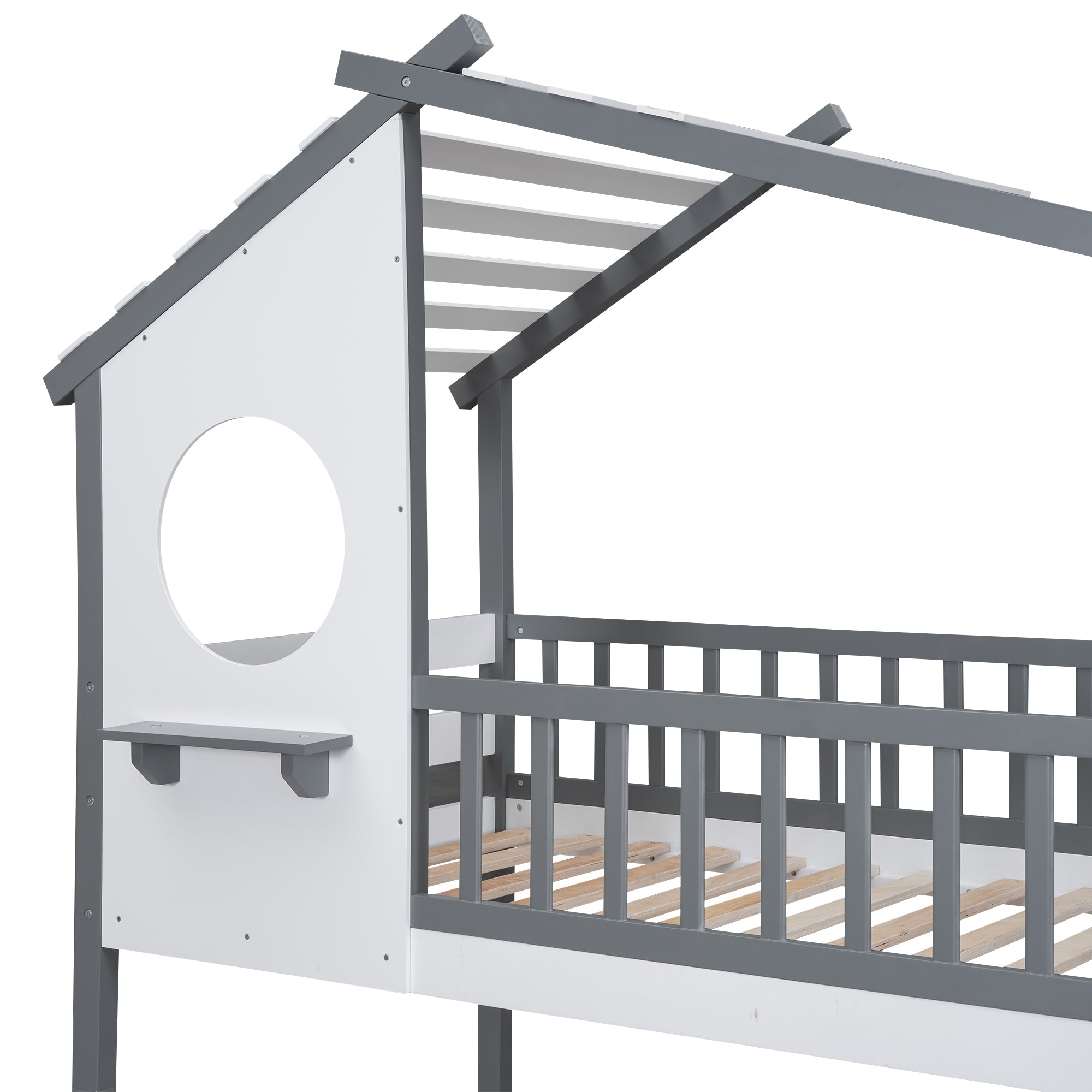 Twin Over Twin Bunk Bed Wood Bed with Roof, Window, Ladder,Gray(OLD SKU :LT100008AAE) - Atlantic Fine Furniture Melbourne FL
