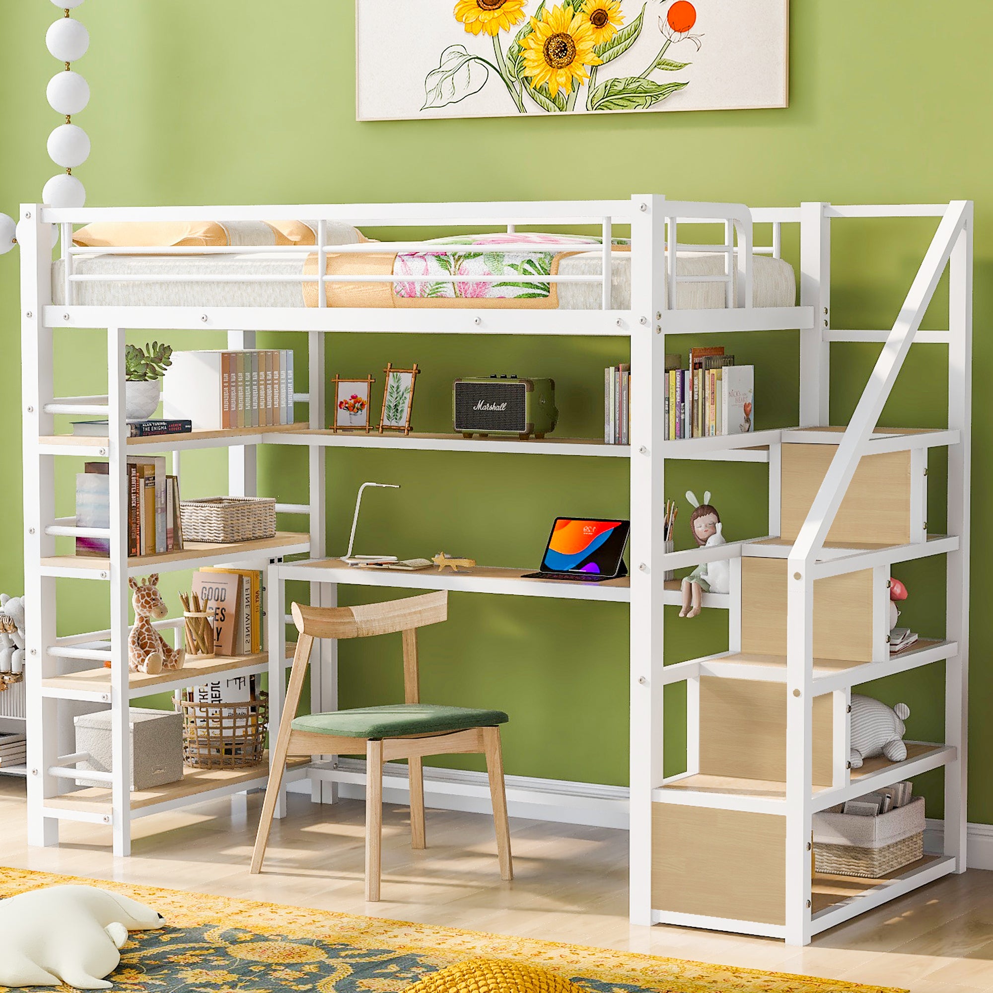 Twin Size Metal Loft bed with Staircase, Built-in Desk and Storage Shelves, White - Atlantic Fine Furniture Melbourne FL