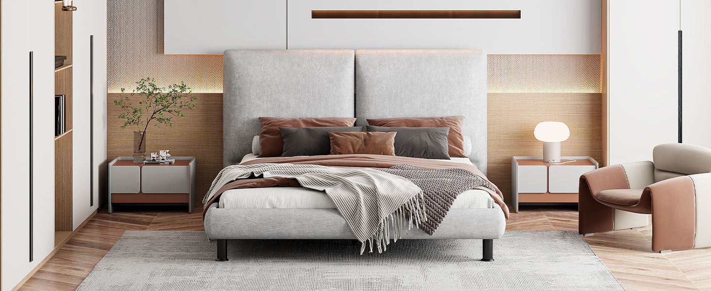 Queen Size Upholstered Platform Bed with Two Large Headrests and Thick Fabric, Polyester, Beige - Atlantic Fine Furniture Melbourne FL