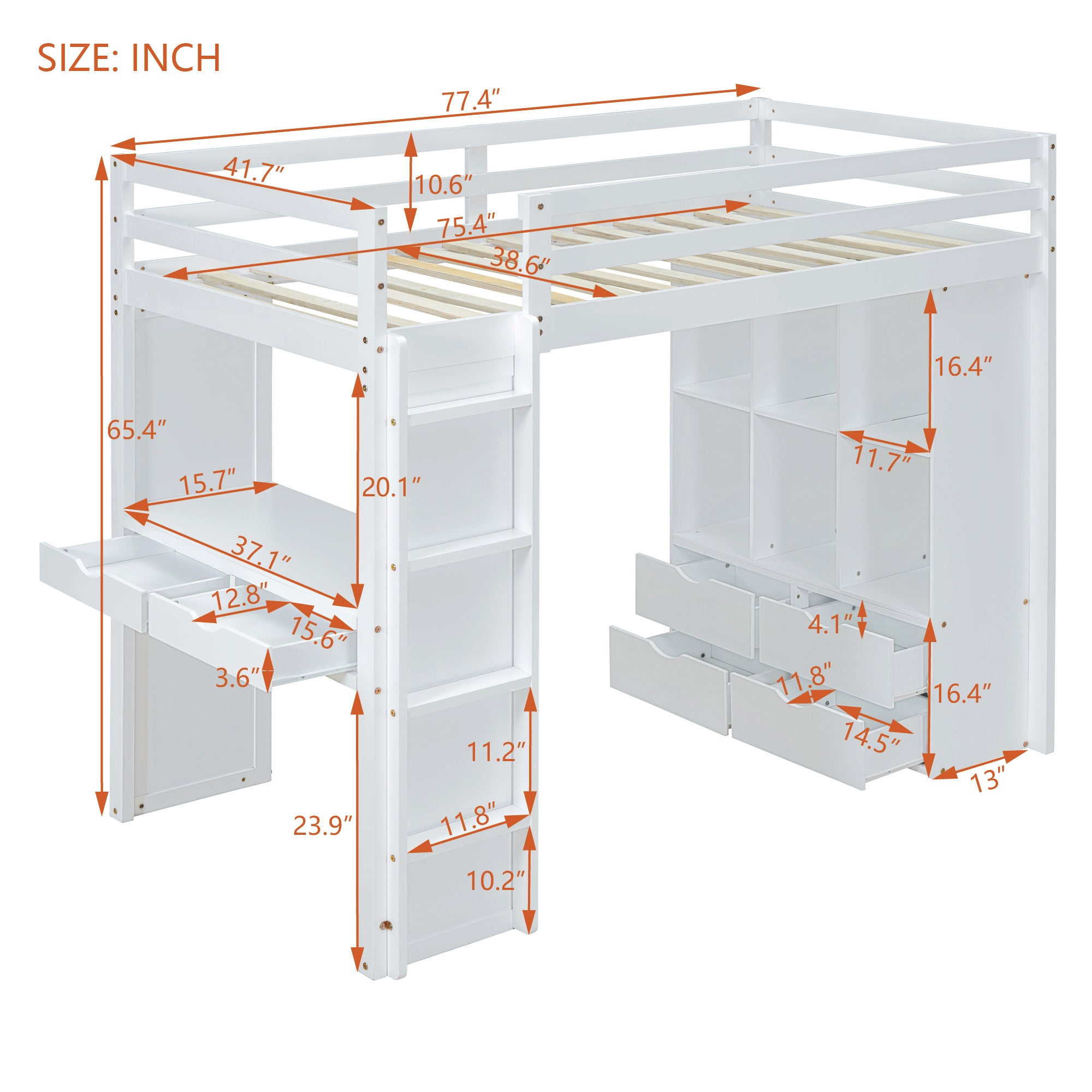 Twin Size Loft Bed with large shelves, writing desk and LED Light, White - Atlantic Fine Furniture Melbourne FL