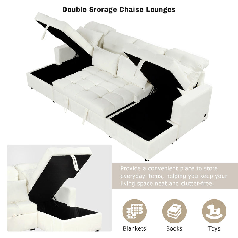 Oversized U-Shaped Versatile Sectional, Pull-Out Sofa Bed With Double Storage Chaise Lounges And 2 USB Ports For Living Room