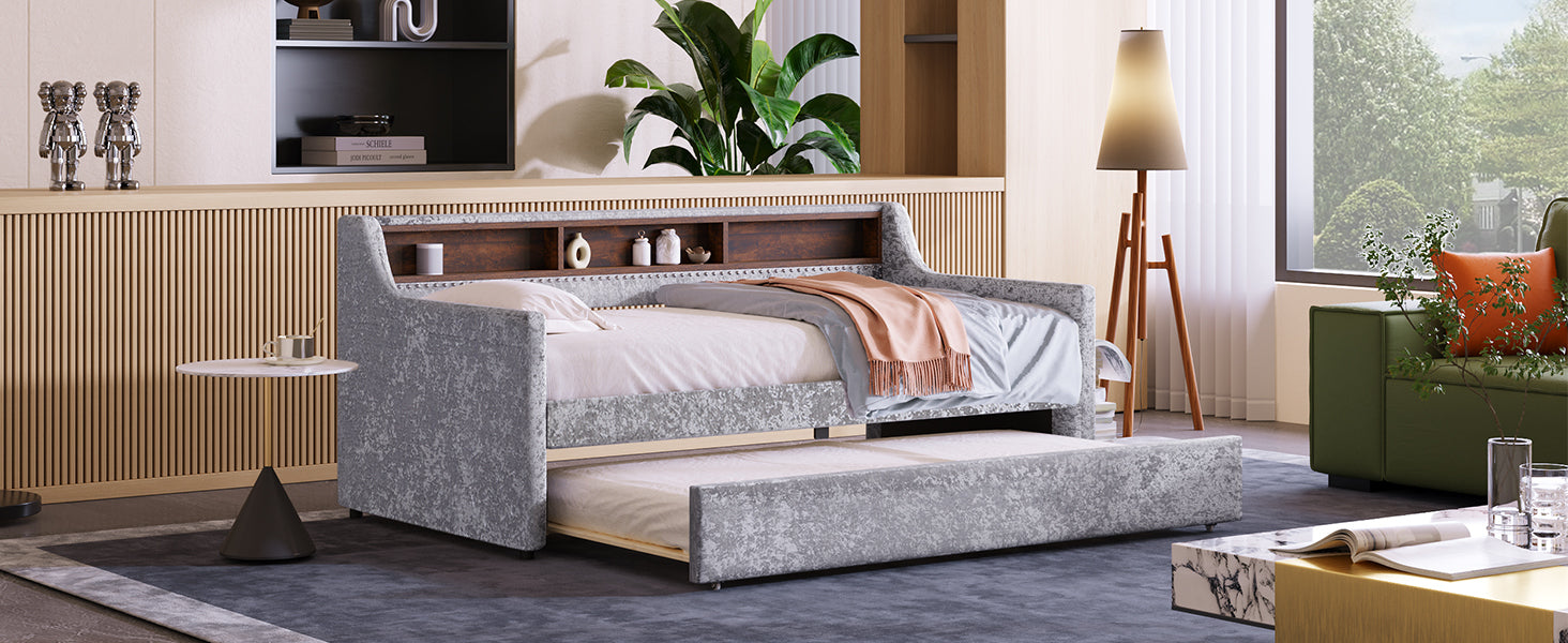 Twin Size Snowflake Velvet Daybed with Trundle and Built-in Storage Shelves,Gray - Atlantic Fine Furniture Melbourne FL