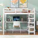 Full Size Loft Bed with Storage Shelves and Under-bed Desk, White