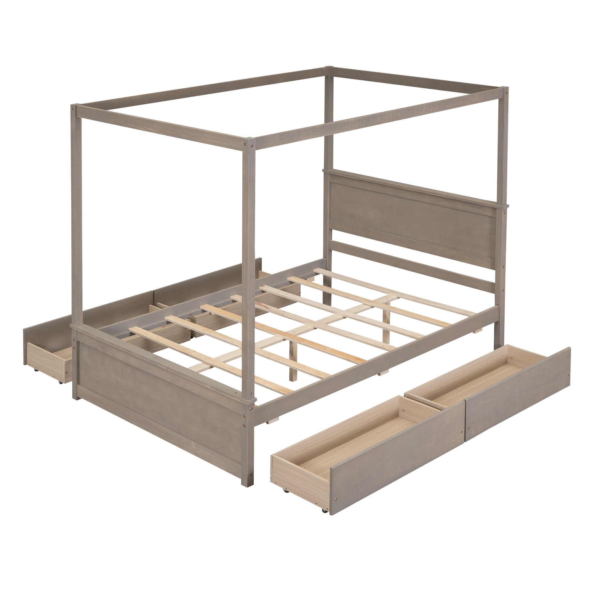 Wood Canopy Bed with four Drawers ,Full Size Canopy Platform Bed With Support Slats .No Box Spring Needed, Brushed Light Brown - Atlantic Fine Furniture Melbourne FL