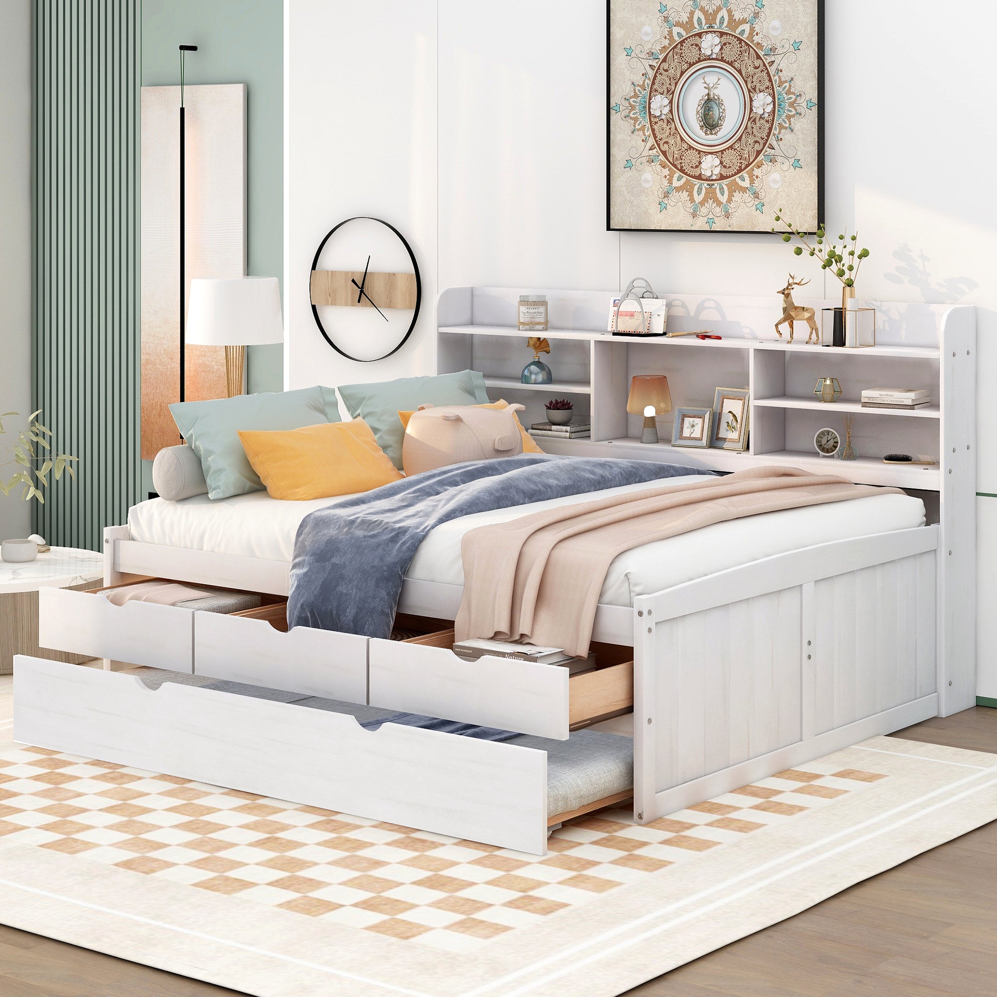 Full Size Wooden Captain Bed with Built-in Bookshelves,Three Storage Drawers and Trundle,White Wash - Atlantic Fine Furniture Melbourne FL