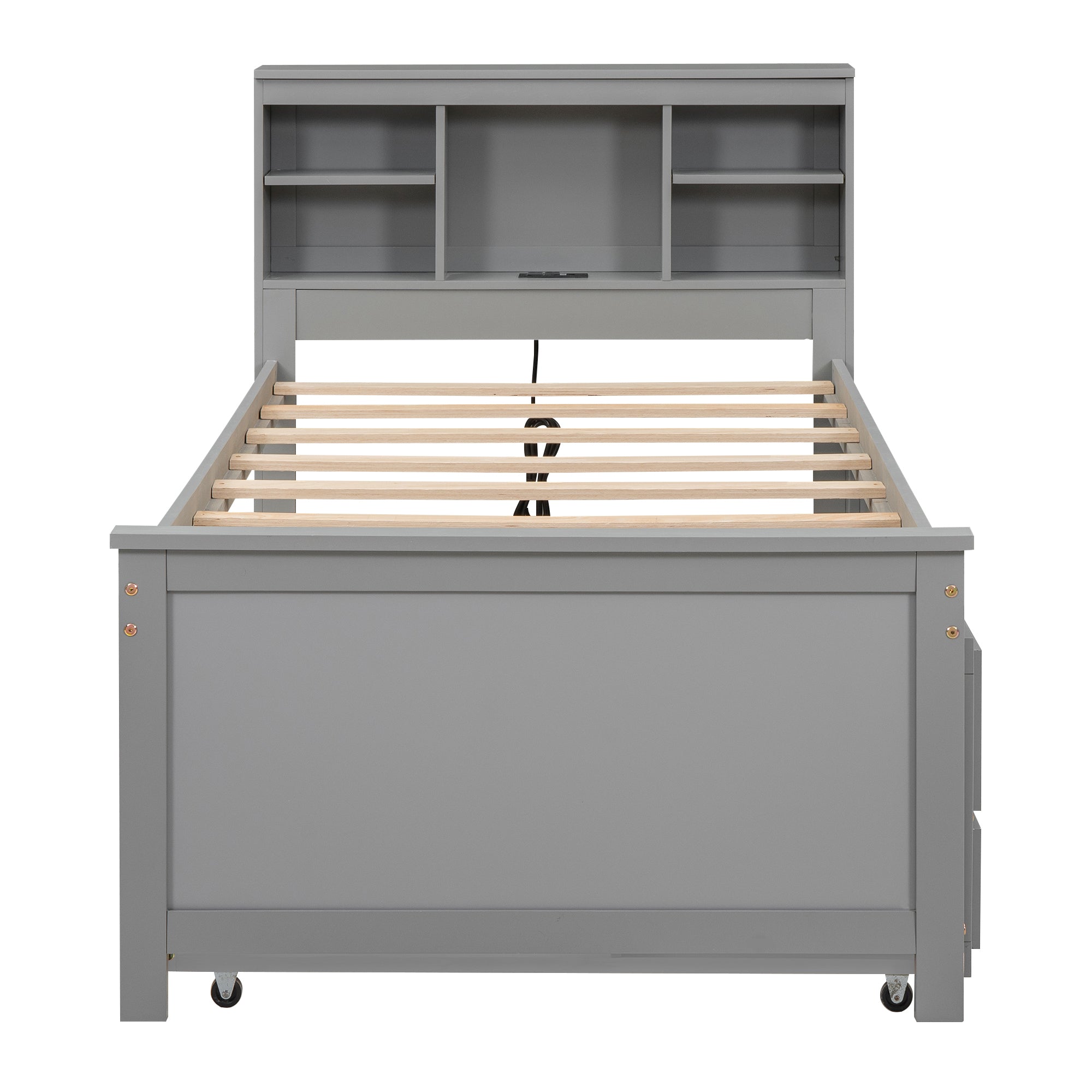 Twin Size Platform Bed with Storage Headboard, USB, Twin Size Trundle and 3 Drawers, Gray - Atlantic Fine Furniture Melbourne FL