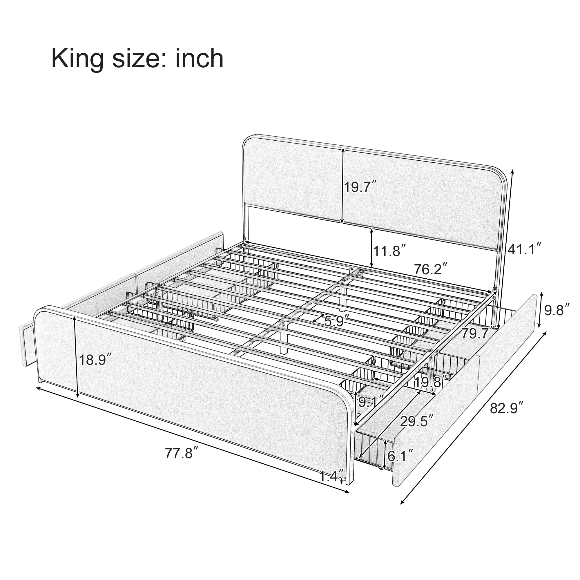 Modern Metal Bed Frame with Curved Upholstered Headboard and Footboard Bed with 4 Storage Drawers, Heavy Duty Metal Slats, King Size, Grey - Atlantic Fine Furniture Melbourne FL