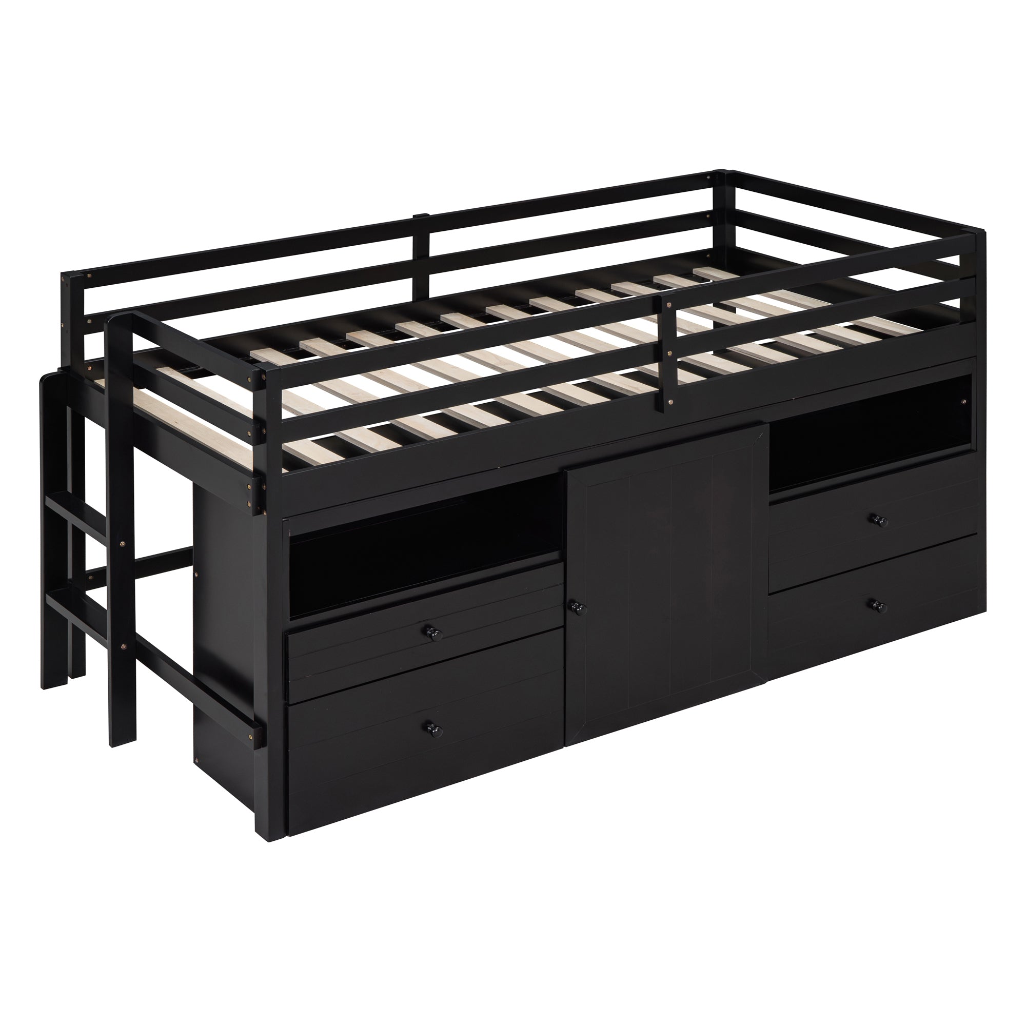 Twin Size Loft Bed with 4 Drawers, Underneath Cabinet and Shelves, Espresso - Atlantic Fine Furniture Melbourne FL