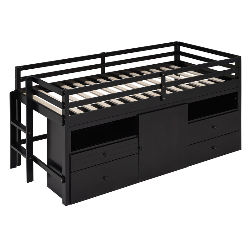 Twin Size Loft Bed with 4 Drawers, Underneath Cabinet and Shelves, Espresso