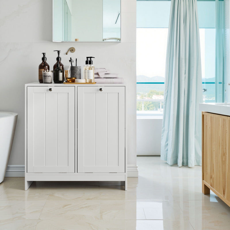 Tilted Laundry Hamper With Removable Basket, Hidden Laundry Hamper, Bathroom Storage Cabinet, Free Standing Organizer - White